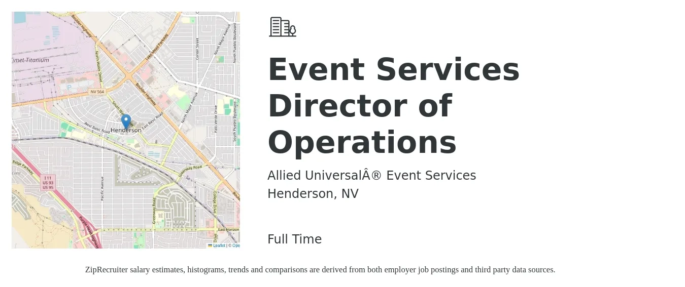 Allied Universal® Event Services job posting for a Event Services Director of Operations in Henderson, NV with a salary of $68,200 to $122,400 Yearly with a map of Henderson location.
