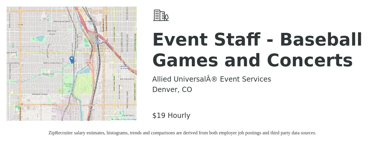 Allied Universal® Event Services job posting for a Event Staff - Baseball Games and Concerts in Denver, CO with a salary of $20 Hourly with a map of Denver location.
