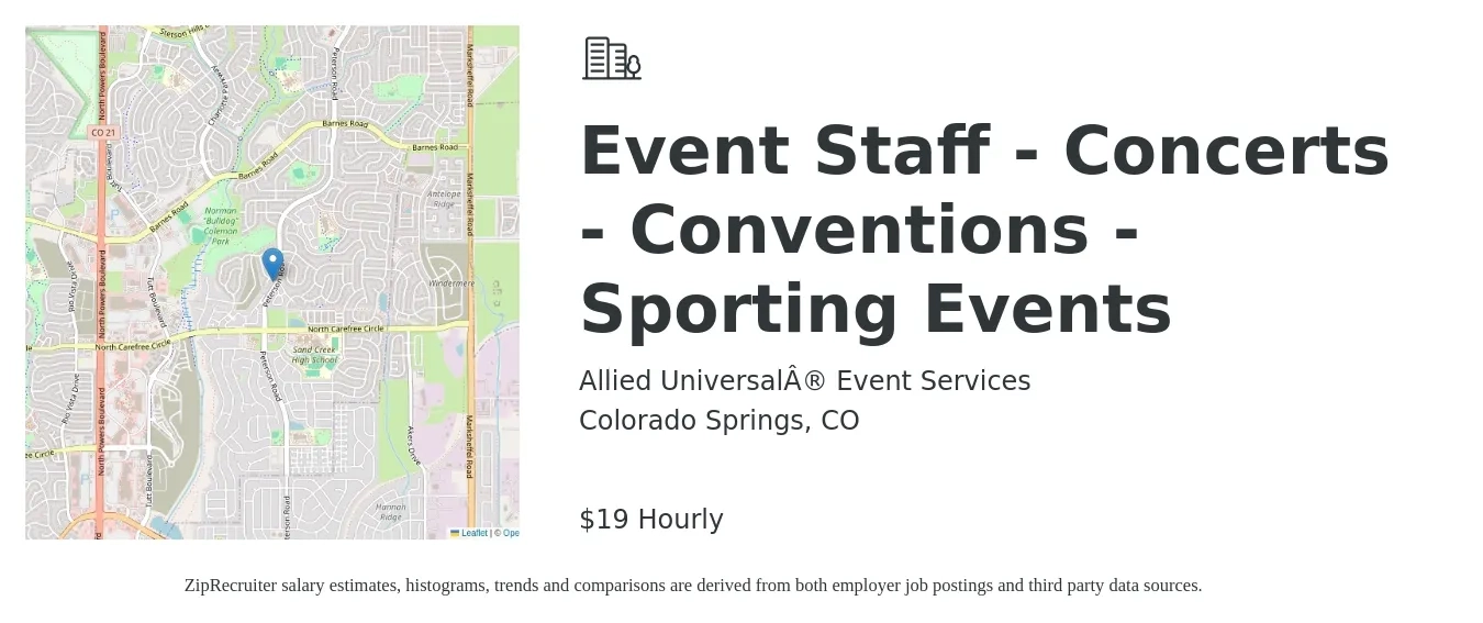 Allied Universal® Event Services job posting for a Event Staff - Concerts - Conventions - Sporting Events in Colorado Springs, CO with a salary of $20 Hourly with a map of Colorado Springs location.