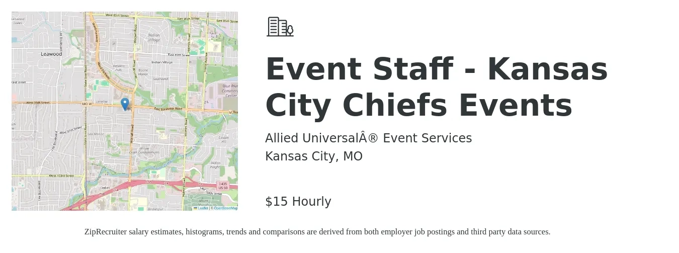 Allied Universal® Event Services job posting for a Event Staff - Kansas City Chiefs Events in Kansas City, MO with a salary of $16 Hourly with a map of Kansas City location.