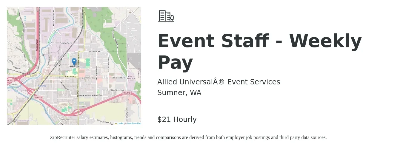 Allied Universal® Event Services job posting for a Event Staff - Weekly Pay in Sumner, WA with a salary of $22 Hourly with a map of Sumner location.