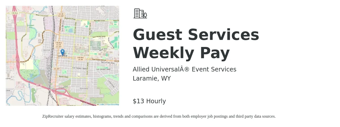 Allied Universal® Event Services job posting for a Guest Services Weekly Pay in Laramie, WY with a salary of $14 Hourly with a map of Laramie location.