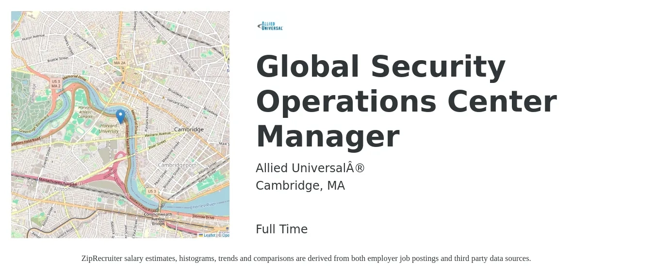Allied Universal job posting for a Global Security Operations Center Manager in Cambridge, MA with a salary of $57,100 to $98,900 Yearly with a map of Cambridge location.