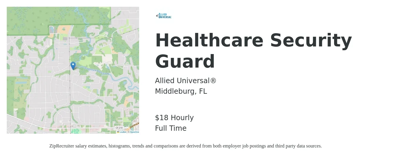 Allied Universal job posting for a Healthcare Security Guard in Middleburg, FL with a salary of $19 Hourly with a map of Middleburg location.