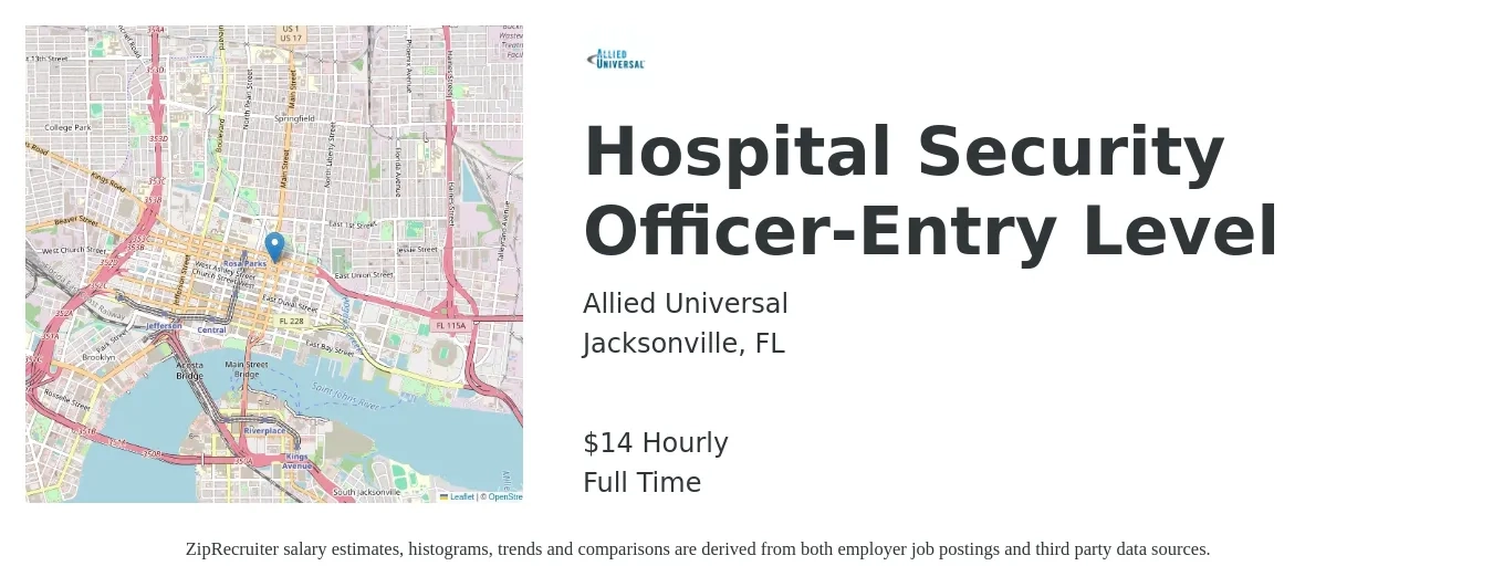 Allied Universal job posting for a Hospital Security Officer-Entry Level in Jacksonville, FL with a salary of $15 Hourly with a map of Jacksonville location.