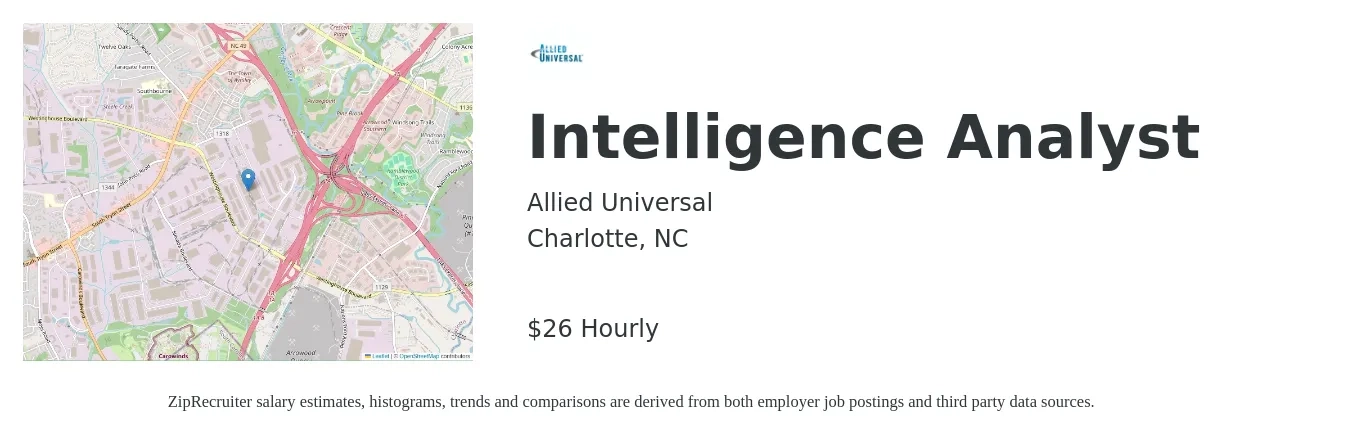 Allied Universal job posting for a Intelligence Analyst in Charlotte, NC with a salary of $28 Hourly with a map of Charlotte location.