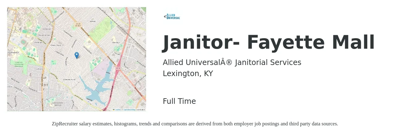 Allied Universal® Janitorial Services job posting for a Janitor - Fayette Mall in Lexington, KY with a salary of $12 to $16 Hourly with a map of Lexington location.