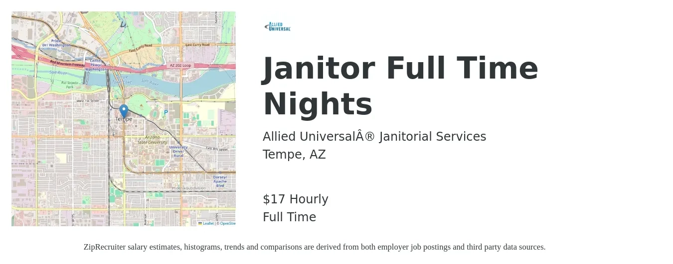 Allied Universal® Janitorial Services job posting for a Janitor Full Time Nights in Tempe, AZ with a salary of $14 to $18 Hourly with a map of Tempe location.