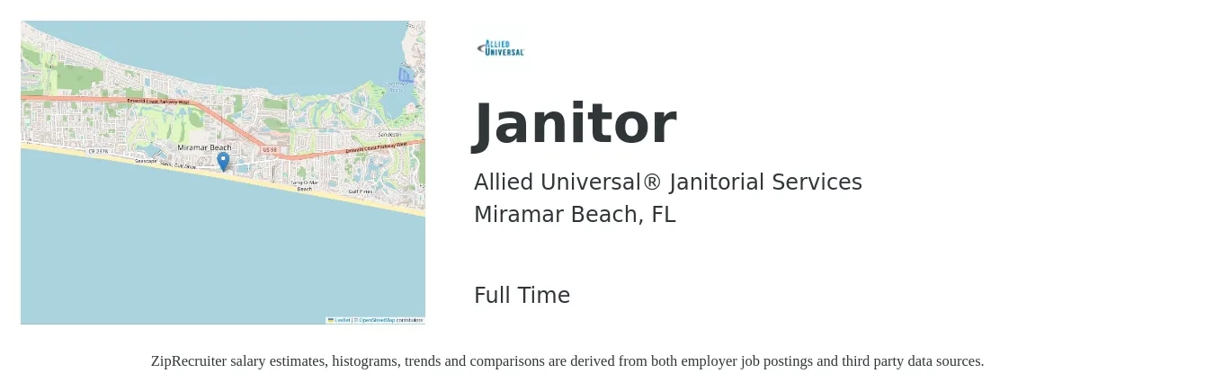 Allied Universal® Janitorial Services job posting for a Janitor in Miramar Beach, FL with a salary of $13 to $16 Hourly with a map of Miramar Beach location.