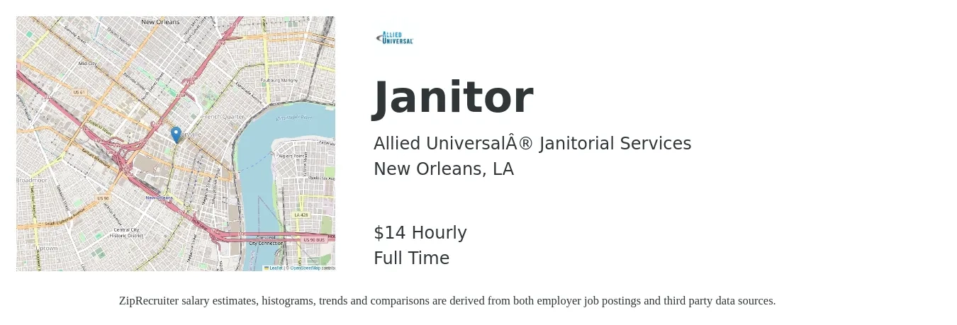 Allied Universal® Janitorial Services job posting for a Janitor in New Orleans, LA with a salary of $16 Hourly with a map of New Orleans location.