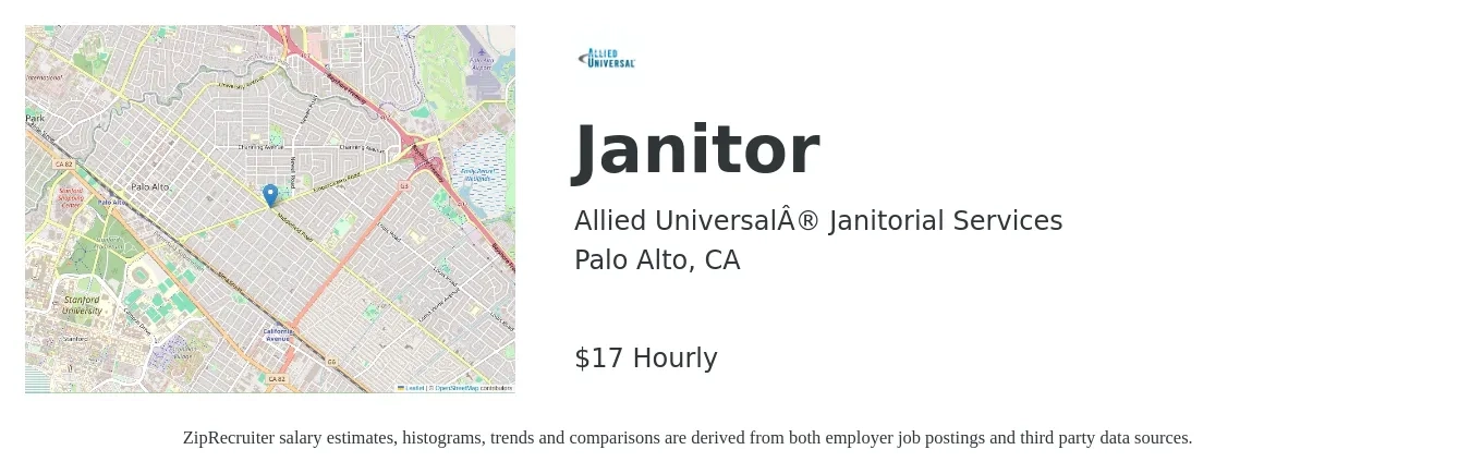 Allied Universal® Janitorial Services job posting for a Janitor in Palo Alto, CA with a salary of $18 Hourly with a map of Palo Alto location.