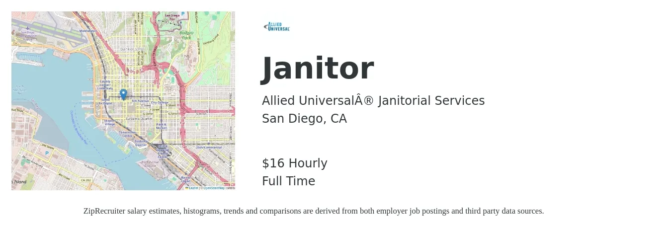 Allied Universal® Janitorial Services job posting for a Janitor in San Diego, CA with a salary of $17 Hourly with a map of San Diego location.