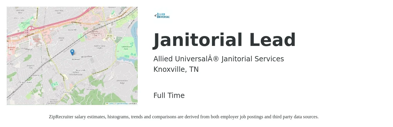 Allied Universal® Janitorial Services job posting for a Janitorial Lead in Knoxville, TN with a salary of $14 to $18 Hourly with a map of Knoxville location.