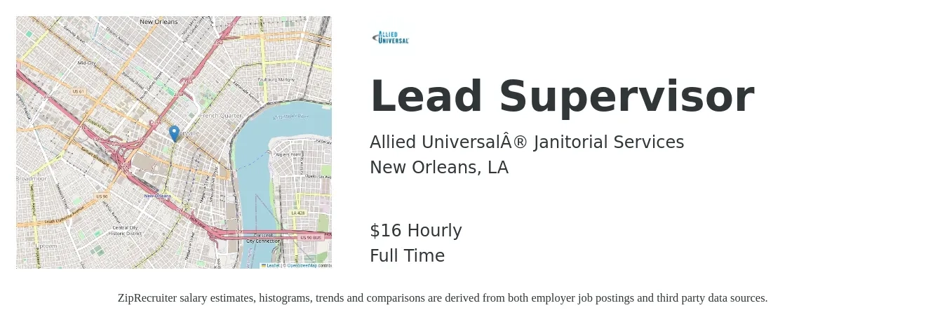 Allied Universal® Janitorial Services job posting for a Lead Supervisor in New Orleans, LA with a salary of $18 Hourly with a map of New Orleans location.