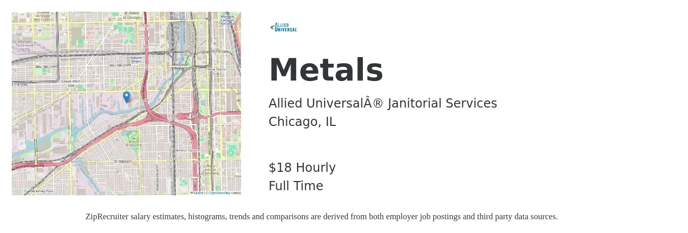 Allied Universal® Janitorial Services job posting for a Metals Apprentice in Chicago, IL with a salary of $20 Hourly with a map of Chicago location.