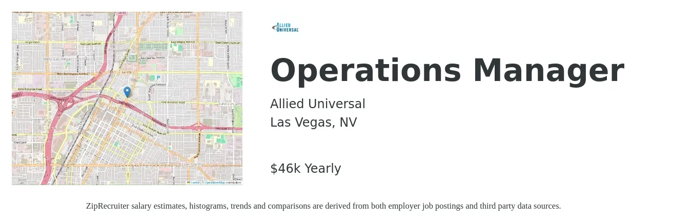Allied Universal job posting for a Operations Manager in Las Vegas, NV with a salary of $46,950 Yearly with a map of Las Vegas location.