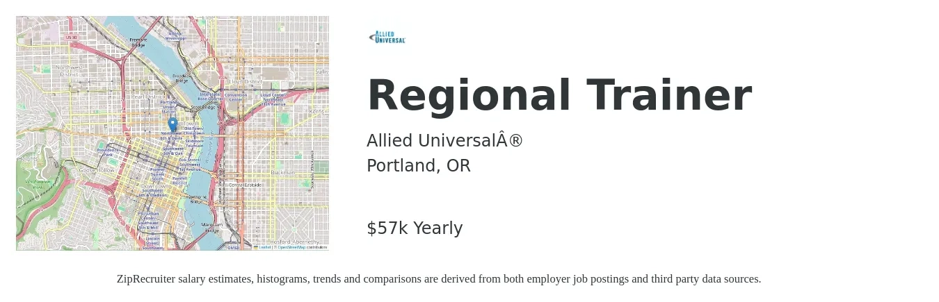 Allied Universal® job posting for a Regional Trainer in Portland, OR with a salary of $57,454 Yearly with a map of Portland location.