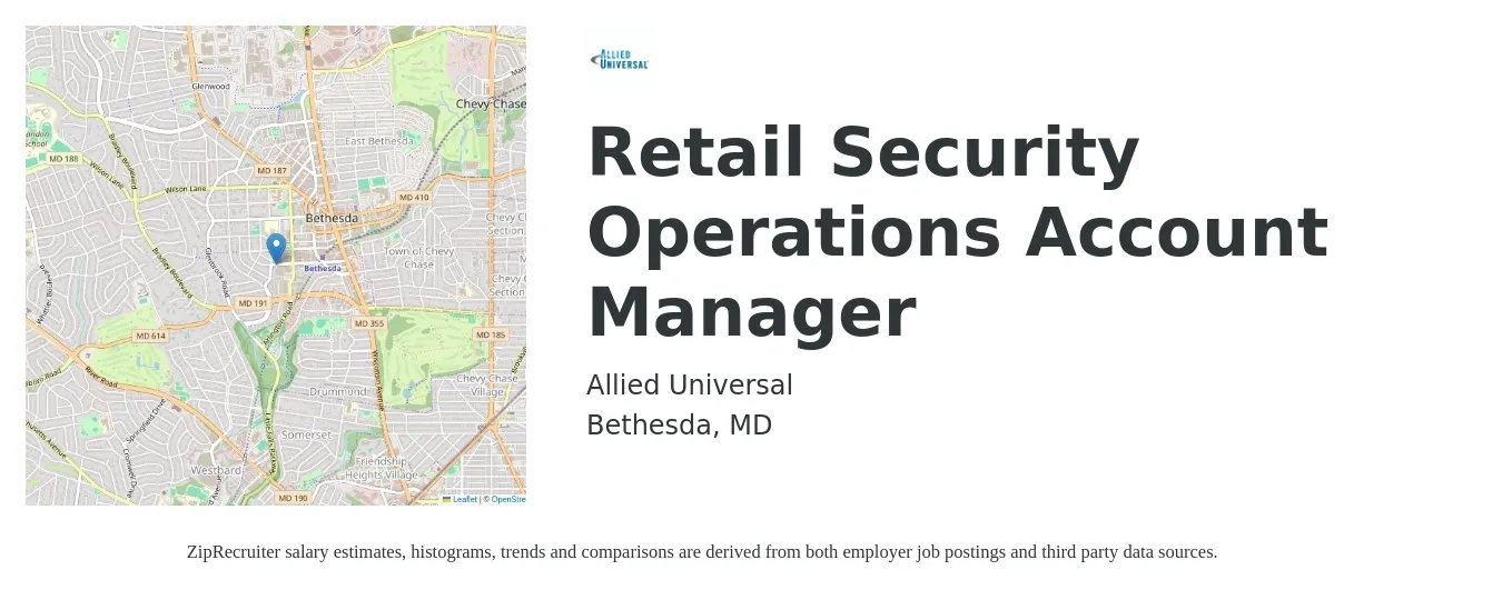 Allied Universal job posting for a Retail Security Operations Account Manager in Bethesda, MD with a salary of $55,000 to $75,800 Yearly with a map of Bethesda location.