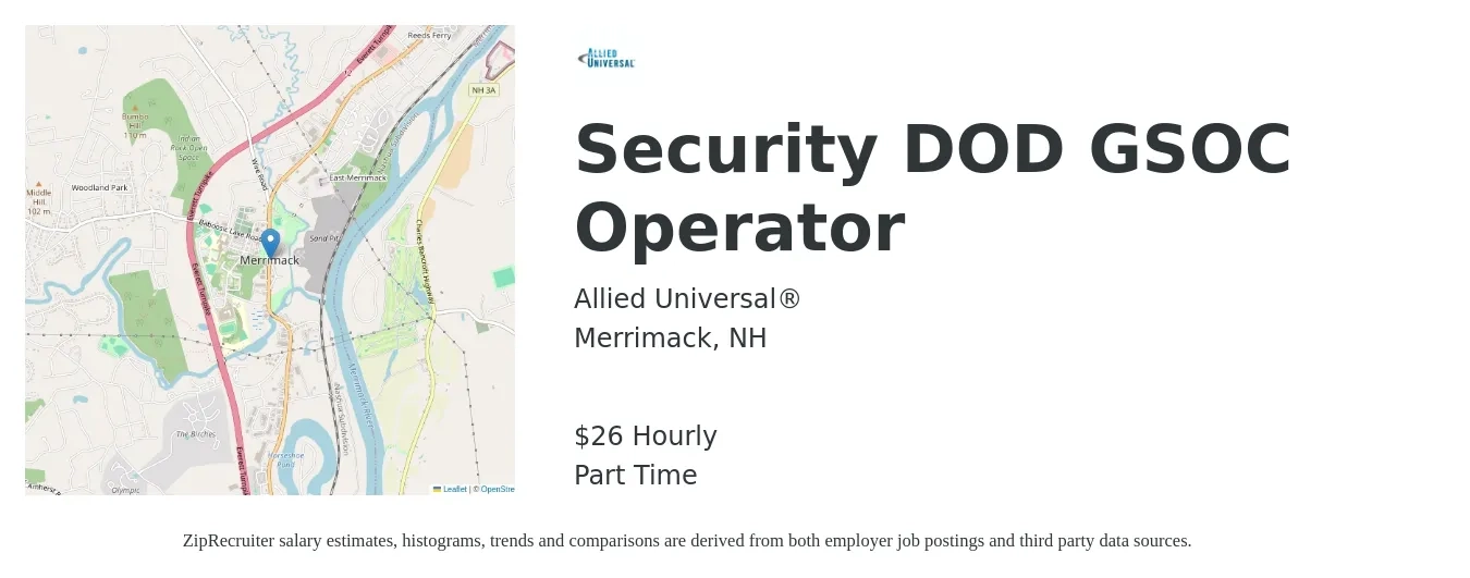 Allied Universal® job posting for a Security DOD GSOC Operator in Merrimack, NH with a salary of $28 Hourly with a map of Merrimack location.