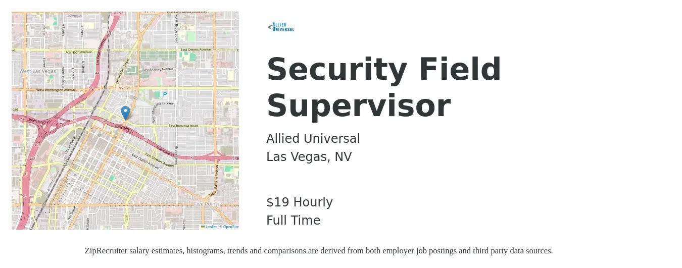 Allied Universal® job posting for a Security Field Supervisor in Las Vegas, NV with a salary of $20 Hourly with a map of Las Vegas location.