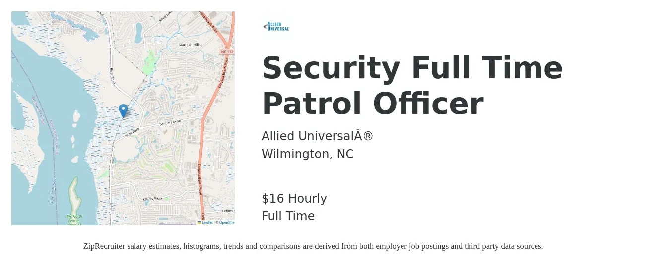Allied Universal® job posting for a Security Full Time Patrol Officer in Wilmington, NC with a salary of $17 Hourly with a map of Wilmington location.