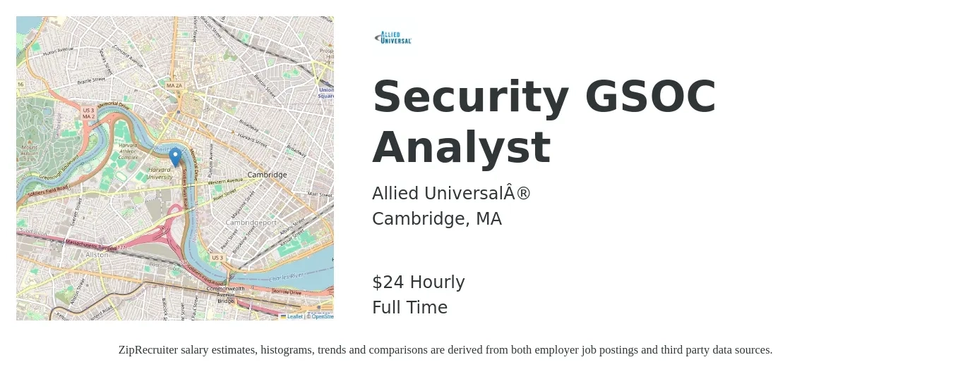 Allied Universal job posting for a Security GSOC Analyst in Cambridge, MA with a salary of $25 Hourly with a map of Cambridge location.