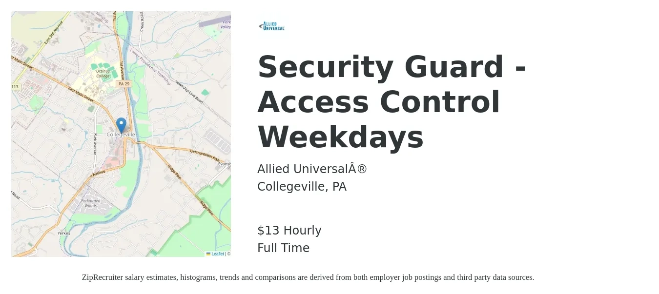 Allied Universal® job posting for a Security Guard - Access Control Weekdays in Collegeville, PA with a salary of $14 Hourly with a map of Collegeville location.
