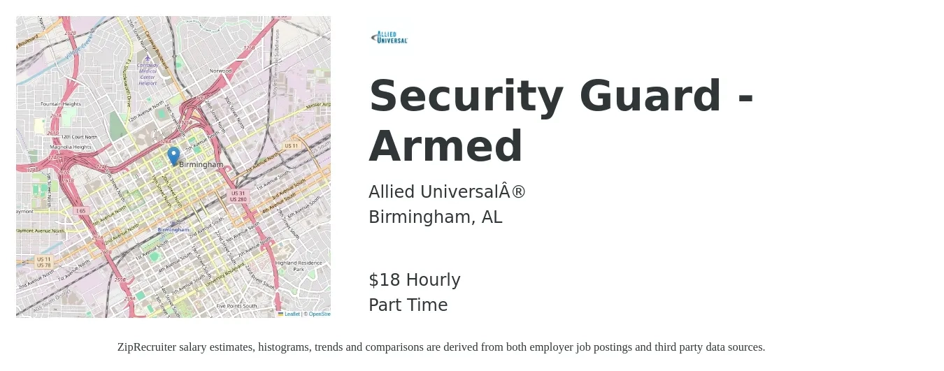Allied Universal job posting for a Security Guard - Armed in Birmingham, AL with a salary of $19 Hourly with a map of Birmingham location.