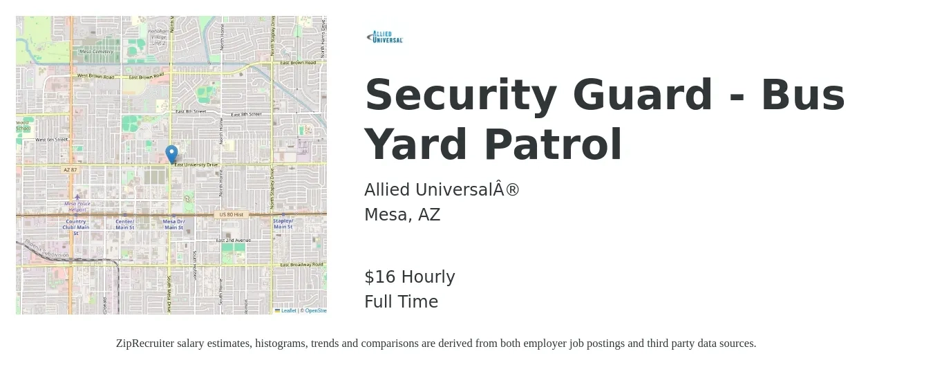 Allied Universal® job posting for a Security Guard - Bus Yard Patrol in Mesa, AZ with a salary of $17 Hourly with a map of Mesa location.