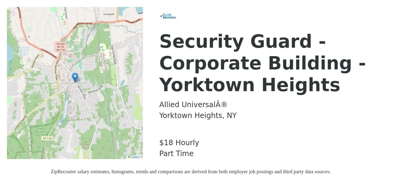 Allied Universal job posting for a Security Guard - Corporate Building - Yorktown Heights in Yorktown Heights, NY with a salary of $19 Hourly with a map of Yorktown Heights location.