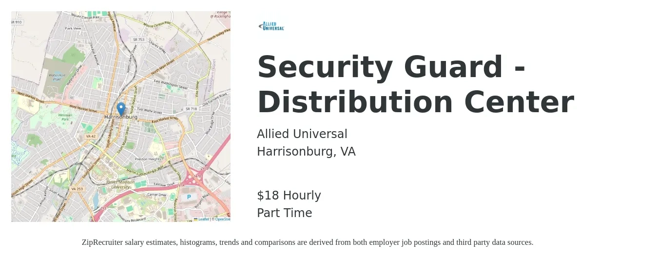 Allied Universal® job posting for a Security Guard - Distribution Center in Harrisonburg, VA with a salary of $19 Hourly with a map of Harrisonburg location.