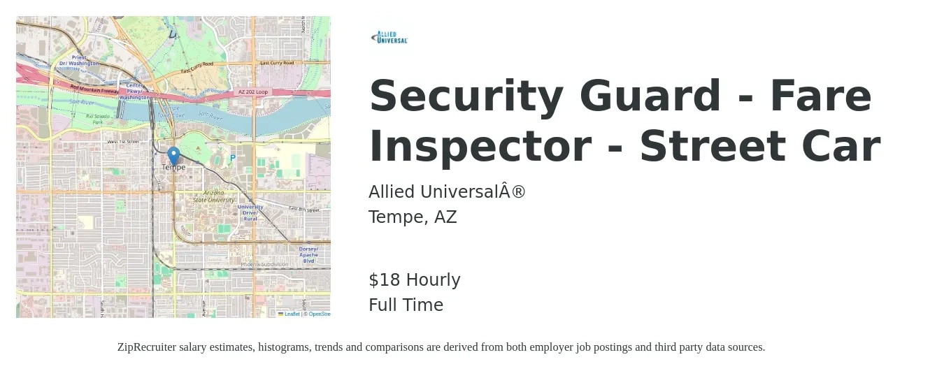 Allied Universal® job posting for a Security Guard - Fare Inspector - Street Car in Tempe, AZ with a salary of $19 Hourly with a map of Tempe location.