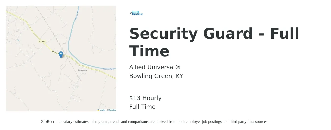 Allied Universal® job posting for a Security Guard - Full Time in Bowling Green, KY with a salary of $13 Hourly with a map of Bowling Green location.