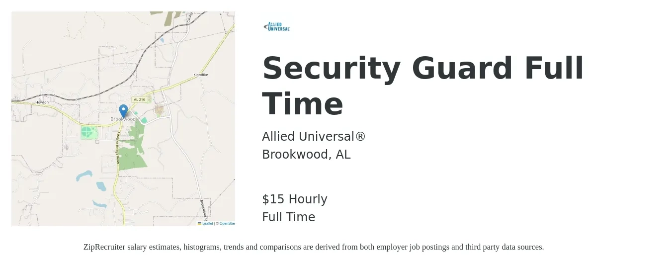 Allied Universal® job posting for a Security Guard Full Time in Brookwood, AL with a salary of $16 Hourly with a map of Brookwood location.