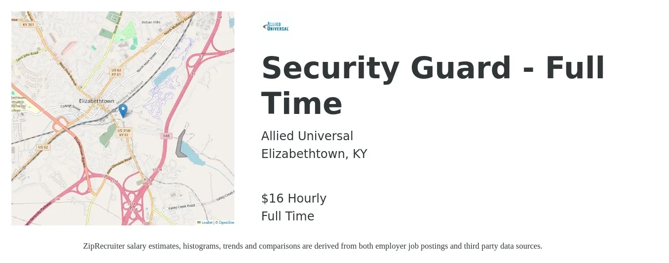 Allied Universal® job posting for a Security Guard - Full Time in Elizabethtown, KY with a salary of $17 Hourly with a map of Elizabethtown location.