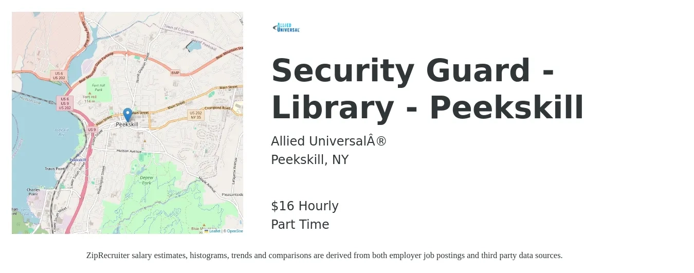 Allied Universal® job posting for a Security Guard - Library - Peekskill in Peekskill, NY with a salary of $17 Hourly with a map of Peekskill location.