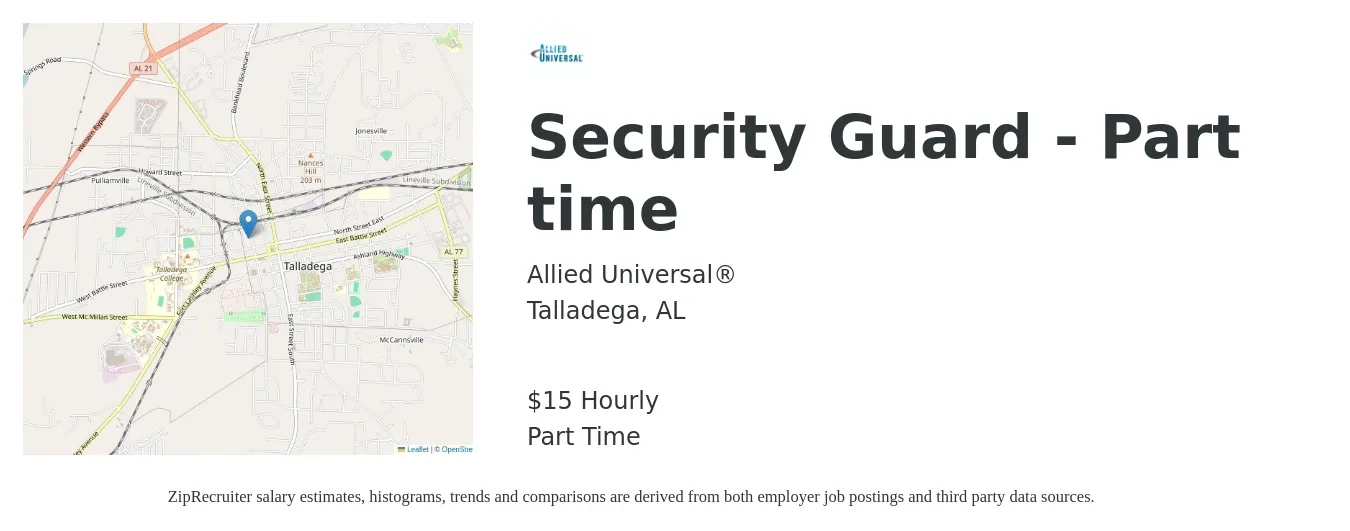 Allied Universal® job posting for a Security Guard - Part time in Talladega, AL with a salary of $16 Hourly with a map of Talladega location.
