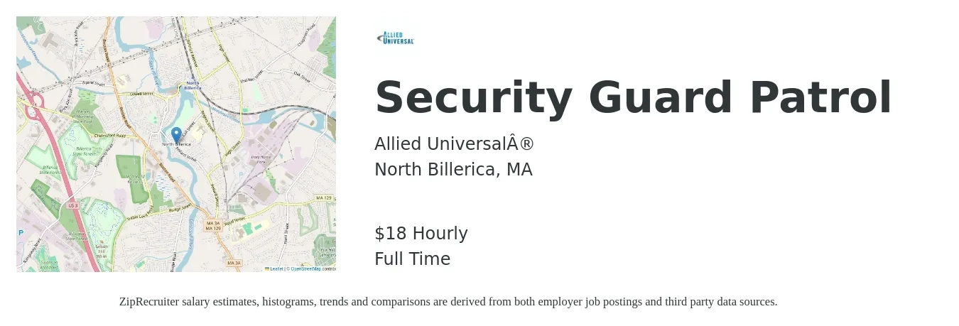 Allied Universal® job posting for a Security Guard Patrol in North Billerica, MA with a salary of $19 Hourly with a map of North Billerica location.