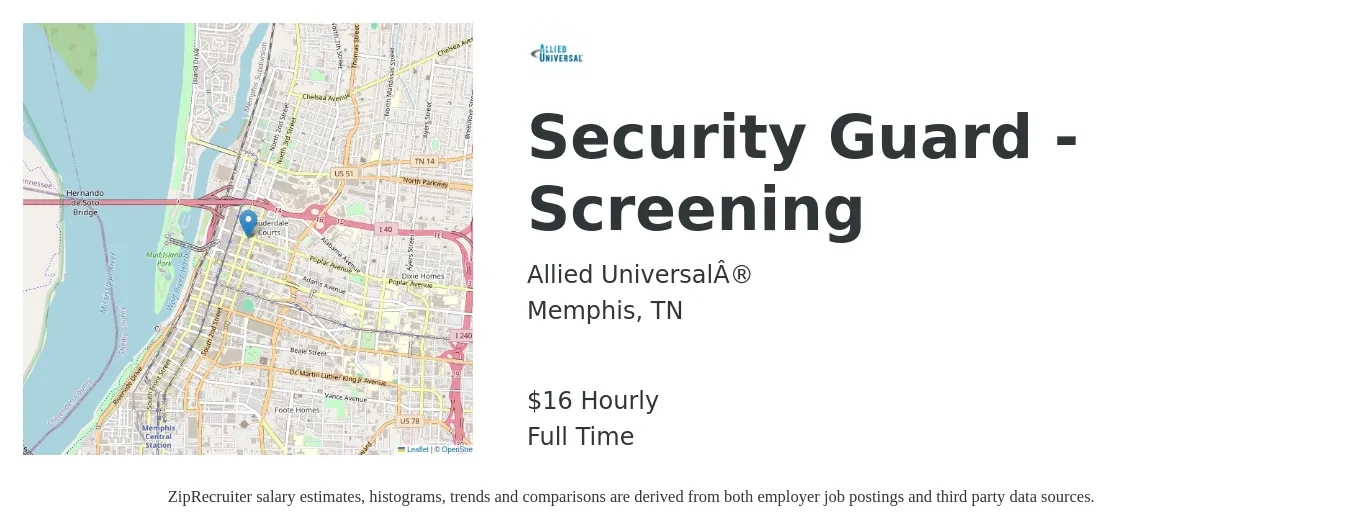 Allied Universal® job posting for a Security Guard-Screening in Memphis, TN with a salary of $17 Hourly with a map of Memphis location.