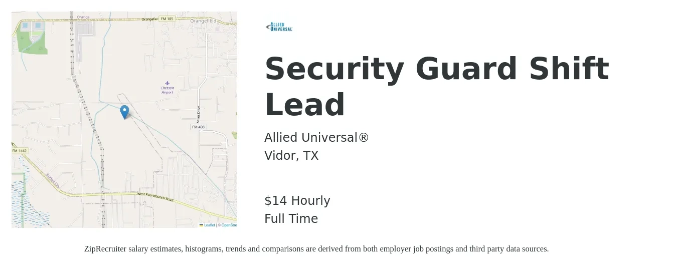 Allied Universal job posting for a Security Guard Shift Lead in Vidor, TX with a salary of $15 Hourly with a map of Vidor location.