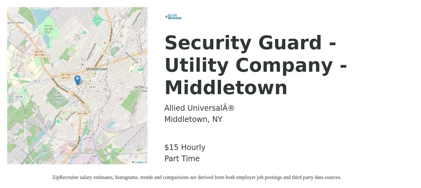 Allied Universal® job posting for a Security Guard - Utility Company - Middletown in Middletown, NY with a salary of $16 to $25 Hourly with a map of Middletown location.