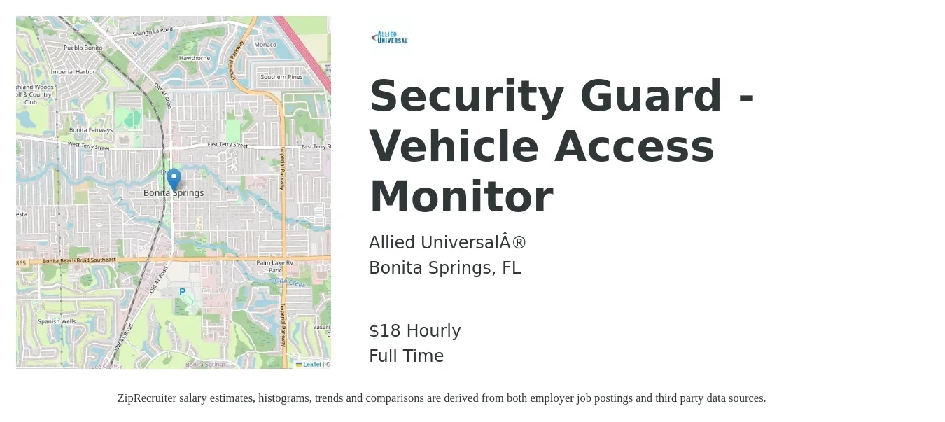 Allied Universal job posting for a Security Guard - Vehicle Access Monitor in Bonita Springs, FL with a salary of $19 Hourly with a map of Bonita Springs location.