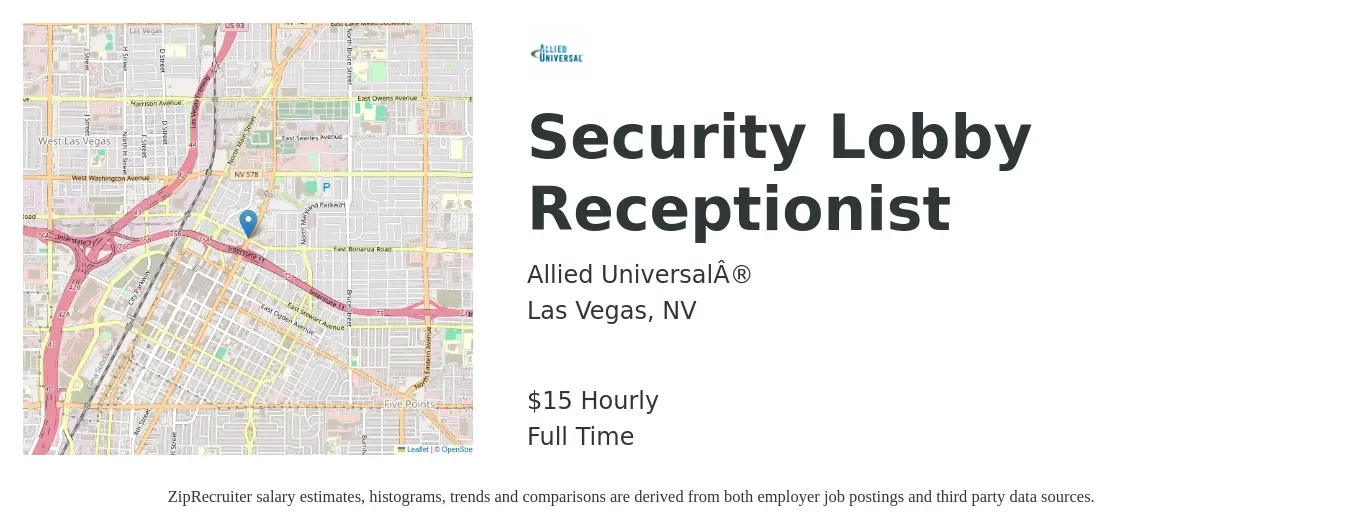 Allied Universal® job posting for a Security Lobby Receptionist in Las Vegas, NV with a salary of $16 Hourly with a map of Las Vegas location.