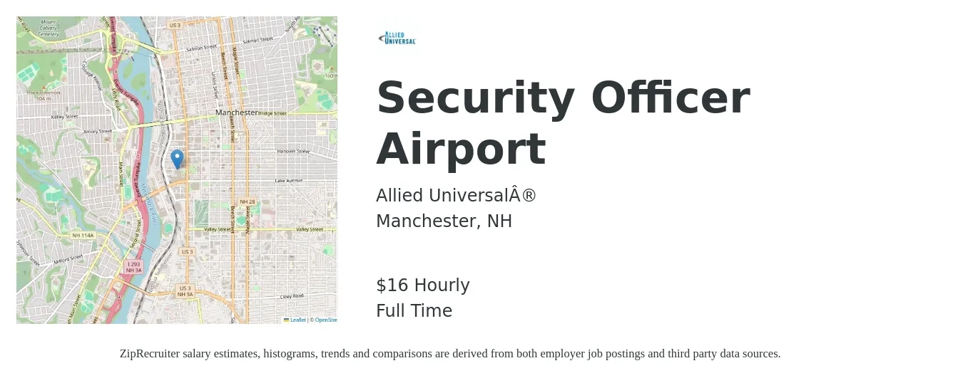 Allied Universal® job posting for a Security Officer Airport in Manchester, NH with a salary of $17 Hourly with a map of Manchester location.