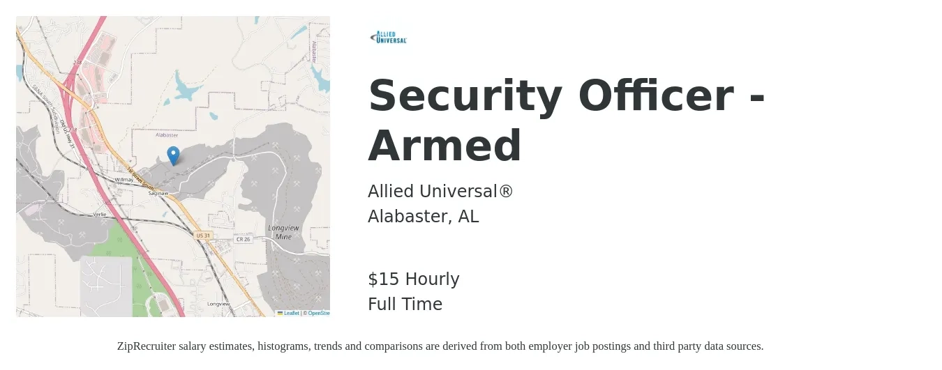 Allied Universal® job posting for a Security Officer - Armed in Alabaster, AL with a salary of $16 Hourly with a map of Alabaster location.