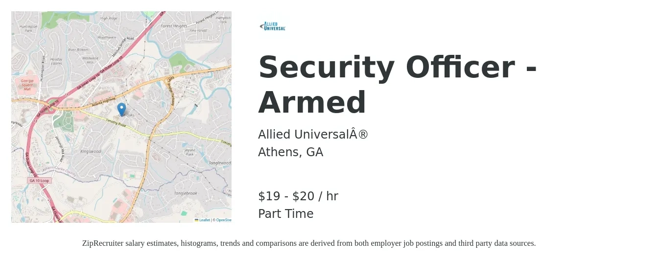 Allied Universal® job posting for a Security Officer - Armed in Athens, GA with a salary of $21 to $25 Hourly with a map of Athens location.