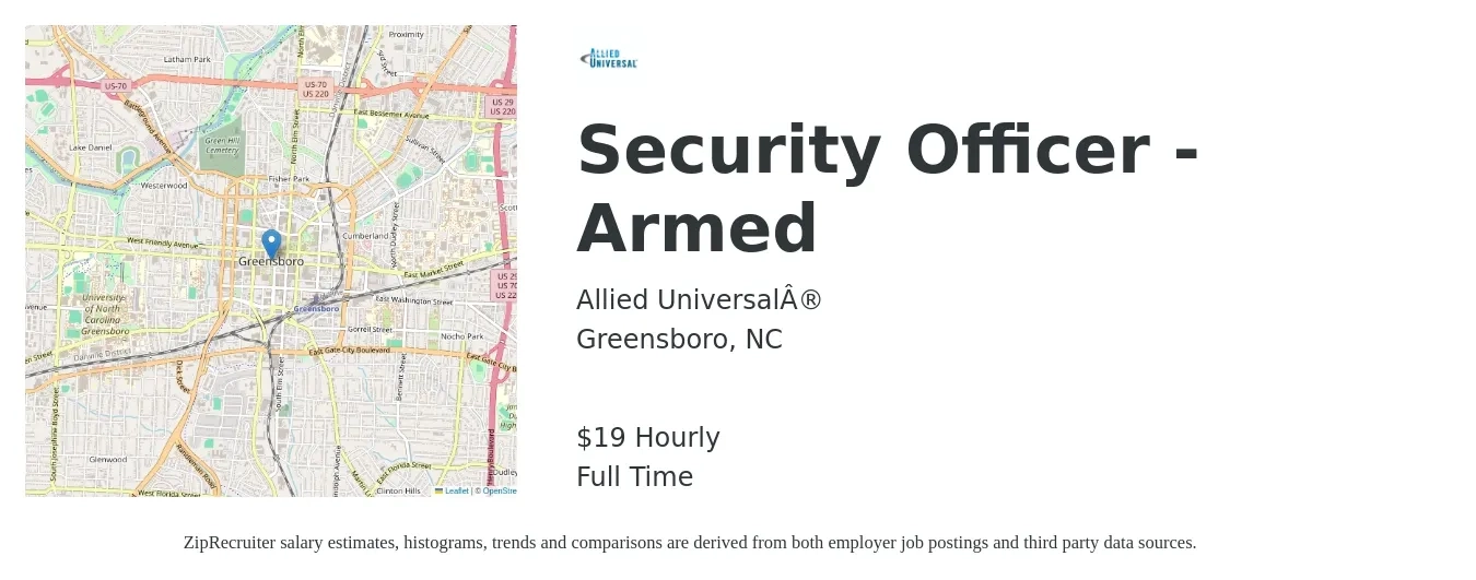 Allied Universal® job posting for a Security Officer - Armed in Greensboro, NC with a salary of $20 Hourly with a map of Greensboro location.