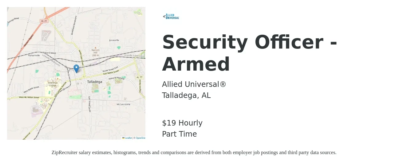 Allied Universal® job posting for a Security Officer - Armed in Talladega, AL with a salary of $20 Hourly with a map of Talladega location.