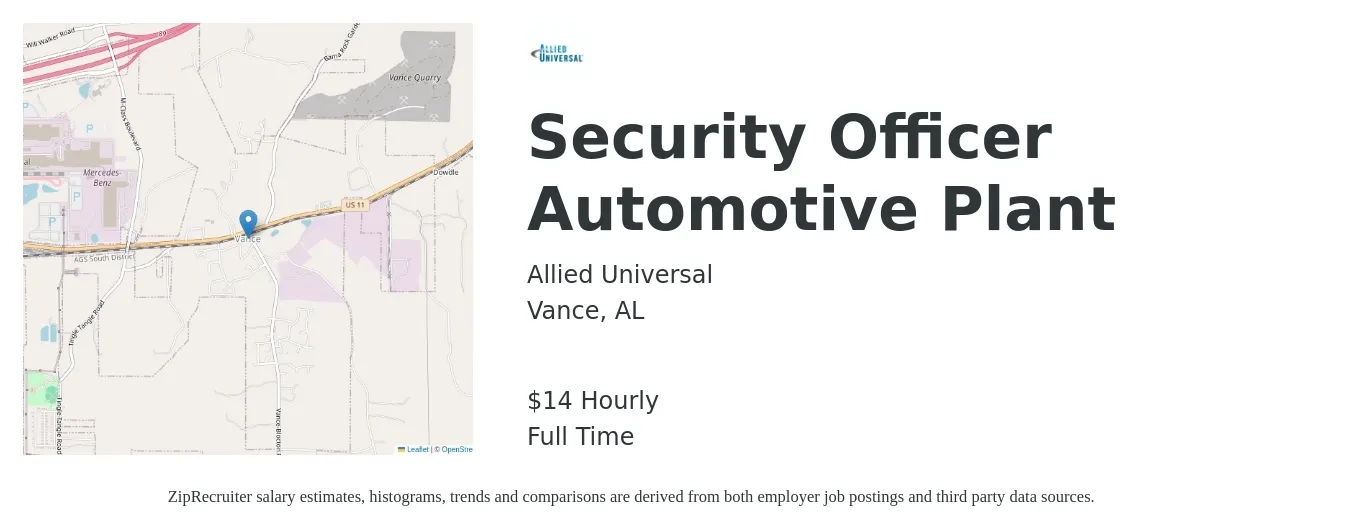 Allied Universal® job posting for a Security Officer Automotive Plant in Vance, AL with a salary of $15 Hourly with a map of Vance location.