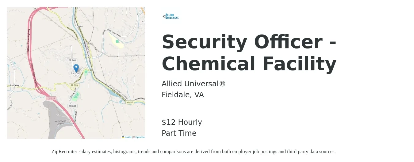 Allied Universal® job posting for a Security Officer - Chemical Facility in Fieldale, VA with a salary of $13 Hourly with a map of Fieldale location.